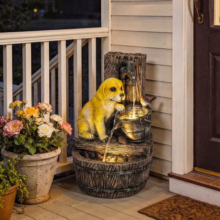 Three-tier outdoor dog fountain with glowing LED, rustic brown resin