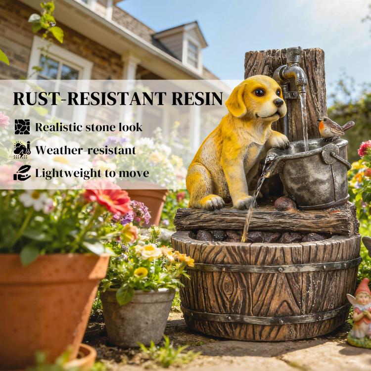Rust-resistant resin dog fountain with a yellow puppy statue and gently streaming water.