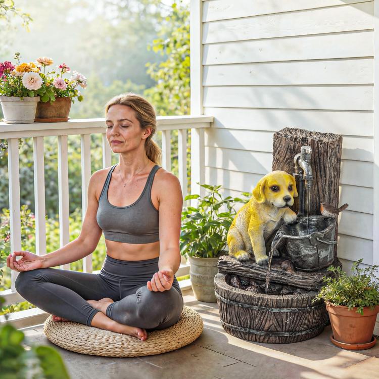 Yellow puppy fountain beside a seated woman on a patio with flowing water and glow.