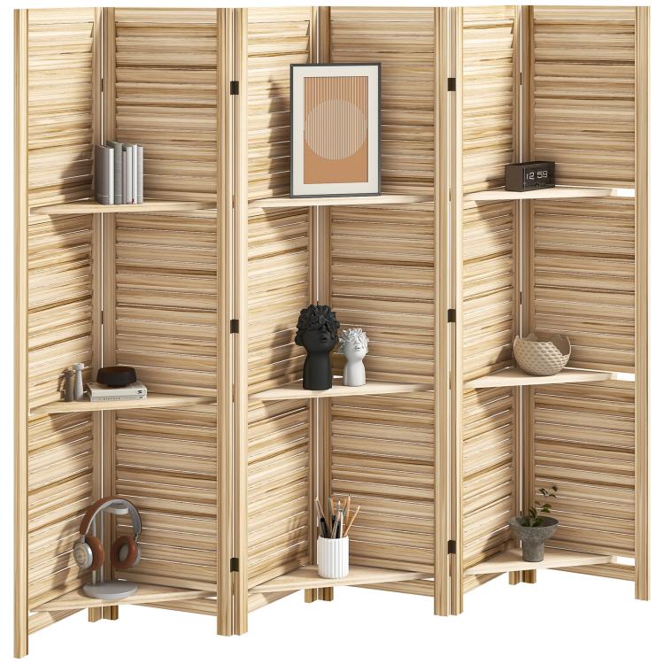 Folding wood privacy screen room divider with three open shelves and decorative front panel