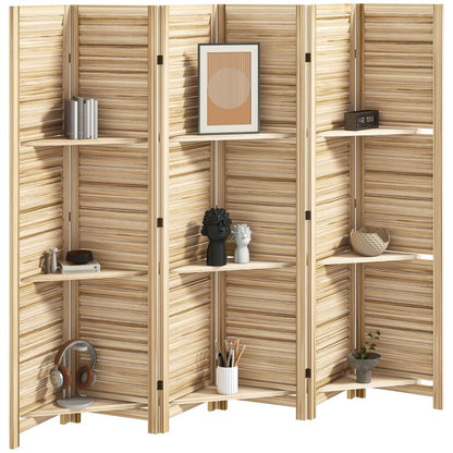 Folding wood privacy screen room divider with three open shelves and decorative front panel