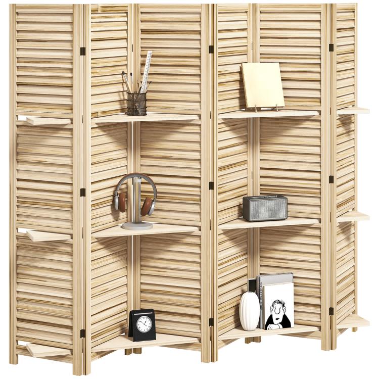 Folding wood room divider with three side shelves and built-in storage compartments