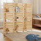 Natural wood folding privacy screen with 3 open shelves and storage cabinet panels