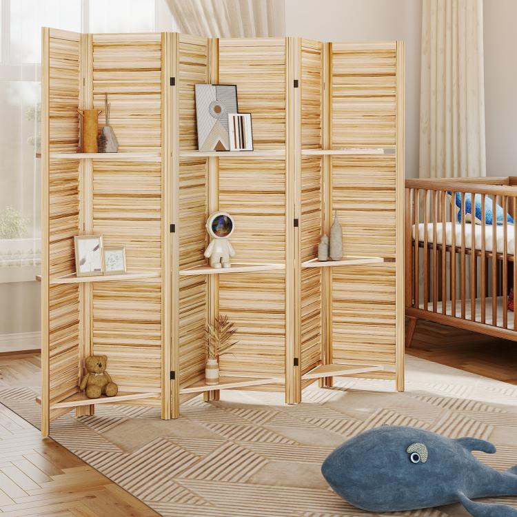 Natural wood folding privacy screen with 3 open shelves and storage cabinet panels