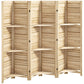 Natural wood slatted privacy screen divider with folding panels and built-in shelves