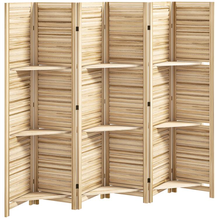 Natural wood slatted privacy screen divider with folding panels and built-in shelves
