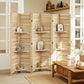 Tall folding wood privacy screen with three shelves for organizing decor items