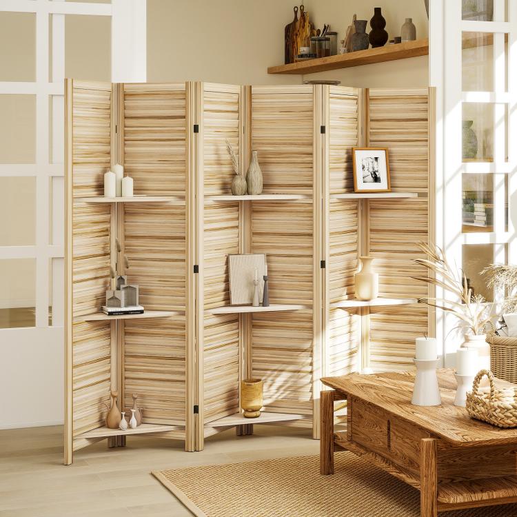 Tall folding wood privacy screen with three shelves for organizing decor items