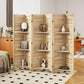 Wood privacy screen divider with three-tier open shelving and folded panel design