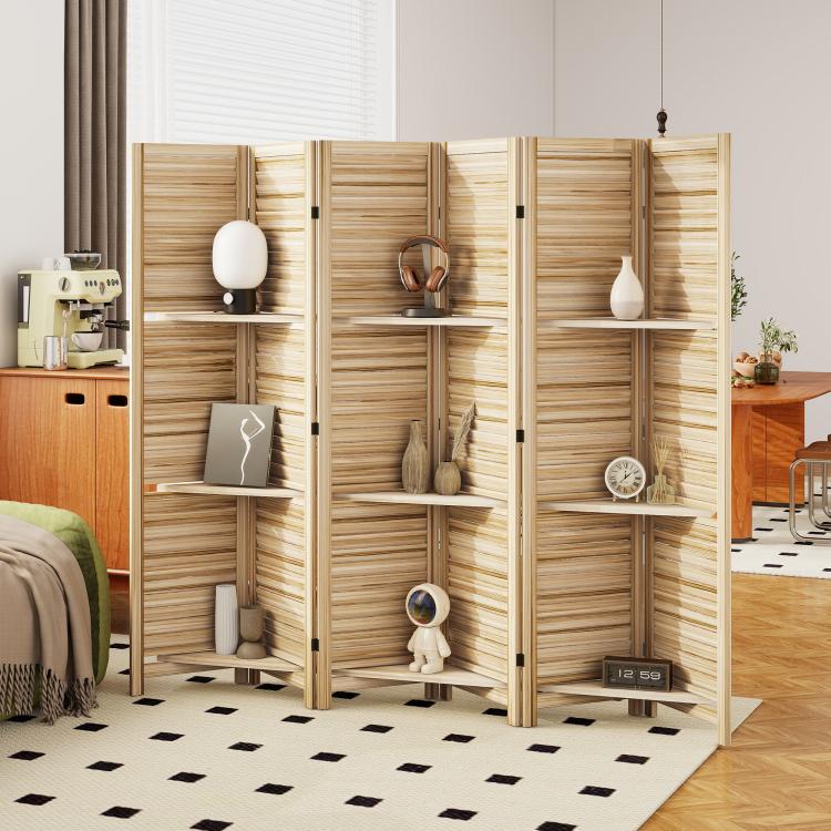 Wood privacy screen divider with three-tier open shelving and folded panel design