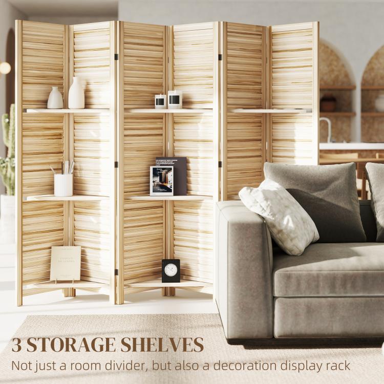 Folding wood privacy screen with three shelves, front and side compartment openings