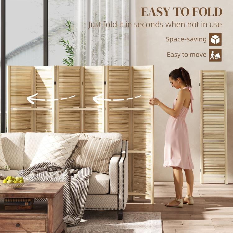 Folding wood room divider shown partially folded with three shelf sections