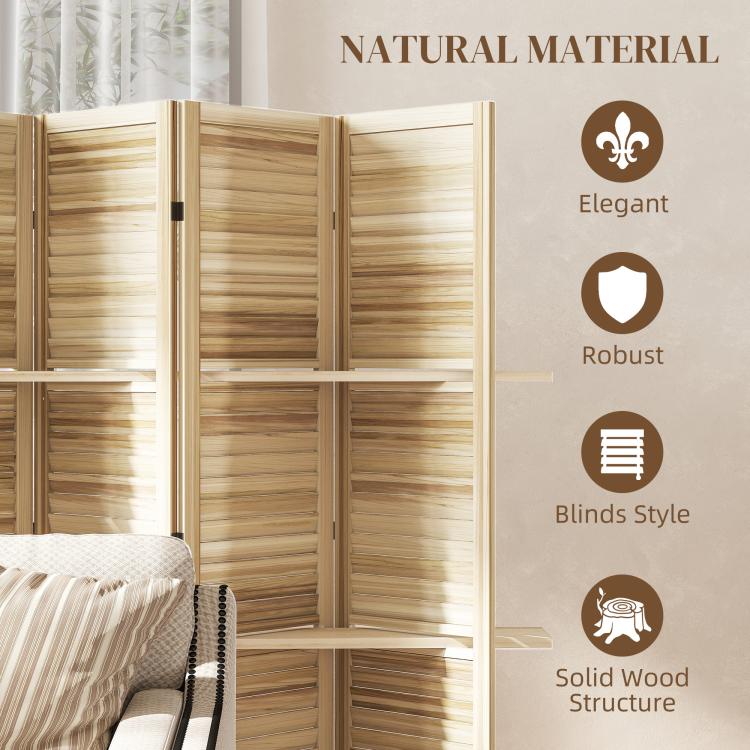 Folding bamboo-style wood privacy screen divider with three open shelves