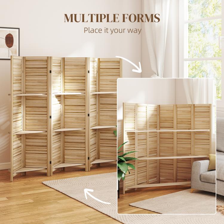 Folding wood privacy screen divider demonstrating multiple layout positions with shelves