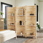 Tall folding wood room divider with three shelves and slatted privacy panels