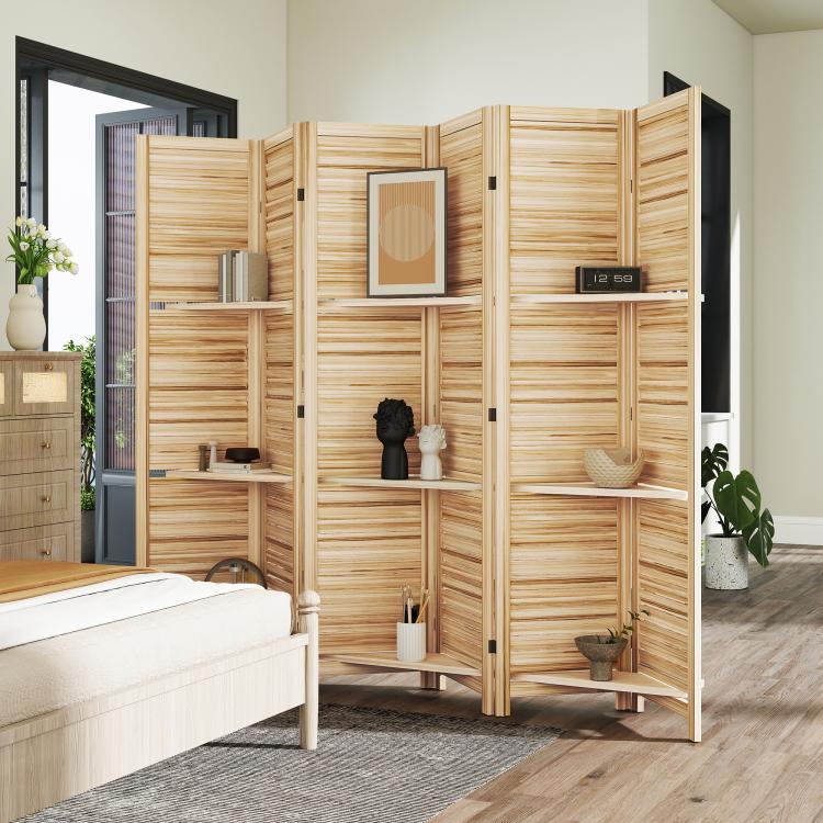 Tall folding wood room divider with three shelves and slatted privacy panels