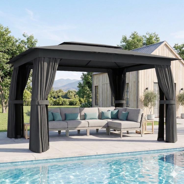 Dark gray outdoor patio gazebo with soft canopy and hanging curtain panels