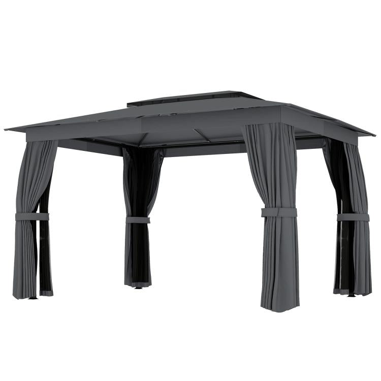 Dark gray patio gazebo with steel frame and curtain side panels