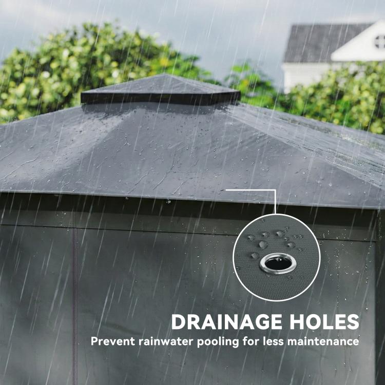 Dark gray soft-top patio gazebo roof with drainage holes detail
