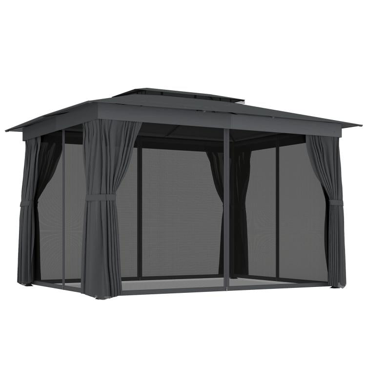 Dark gray outdoor gazebo with side curtains and mesh panels, steel frame