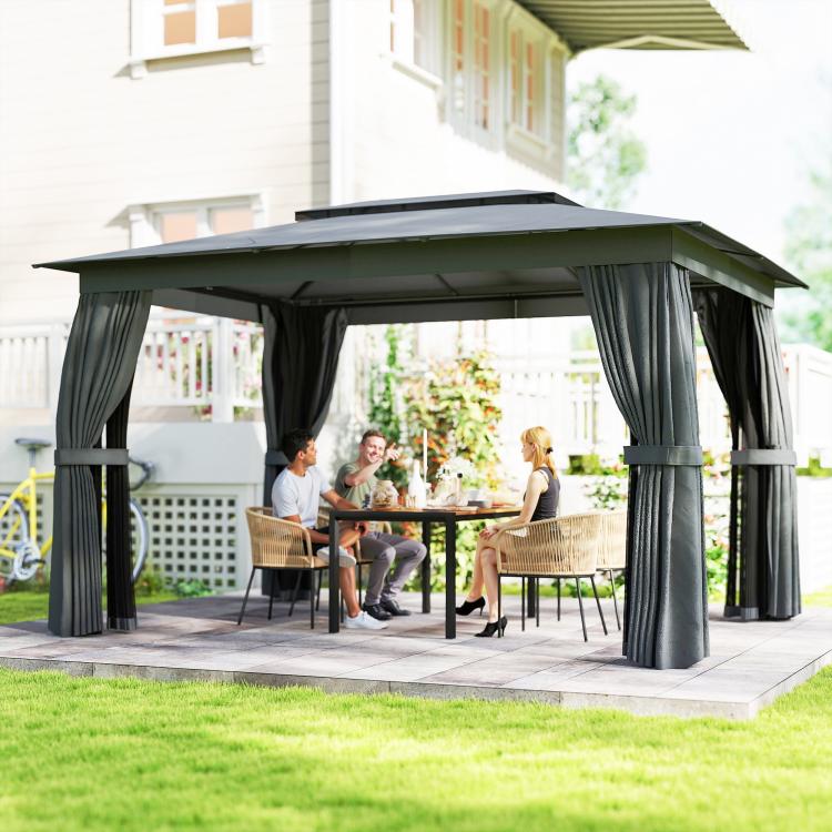 Outdoor patio gazebo with dark curtains and open sides over outdoor seating