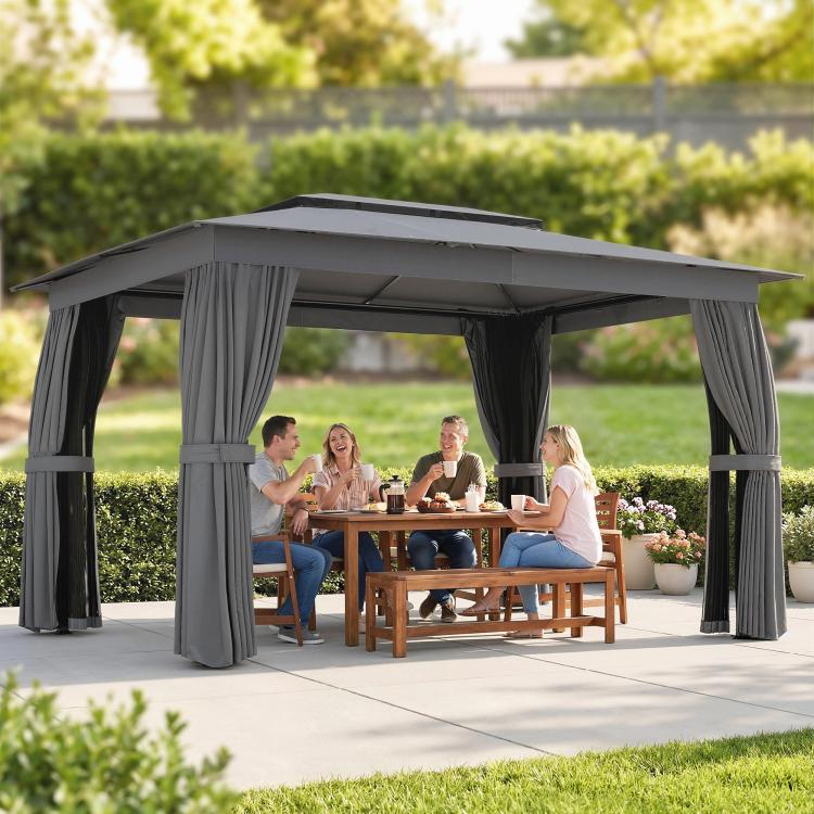 Outdoor patio gazebo with dark gray curtains and a dining table setup