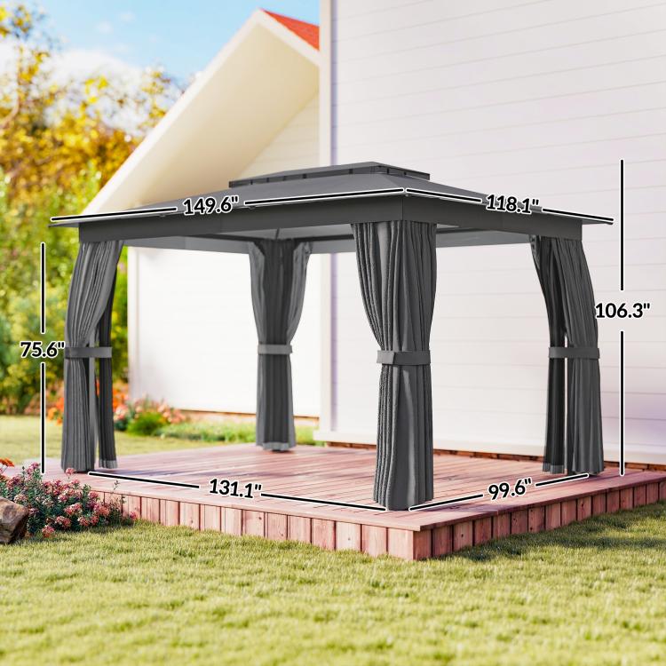 Dark gray patio gazebo with curtains on a raised wooden deck platform