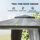 Two-tier roof patio gazebo canopy in dark gray with side curtain panels