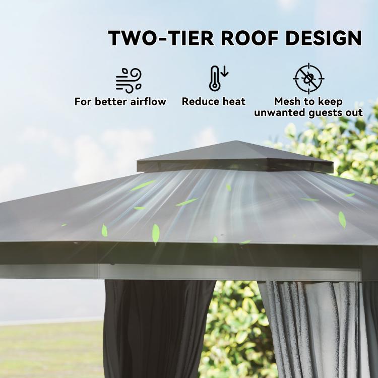 Two-tier roof patio gazebo canopy in dark gray with side curtain panels