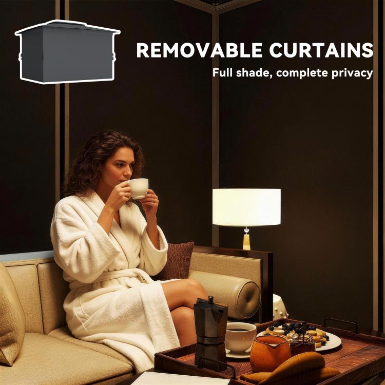 Patio gazebo with removable dark curtains creating a private enclosed space