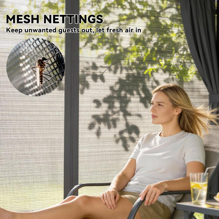 Gazebo with mesh netting and dark curtains for fresh air and added privacy
