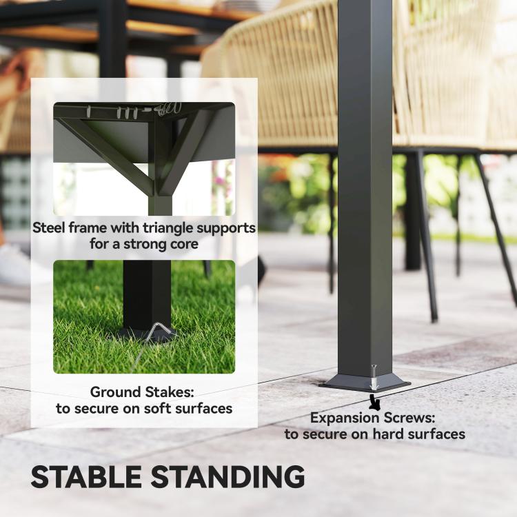 Steel-framed gazebo base with ground stakes and expansion screws for stability