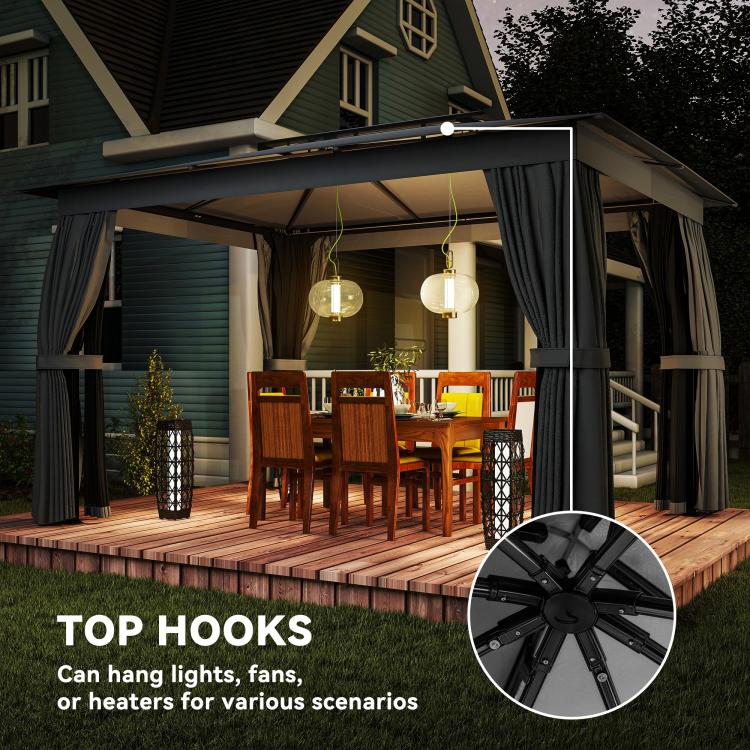 Patio gazebo with top hooks for hanging lights over a dining area