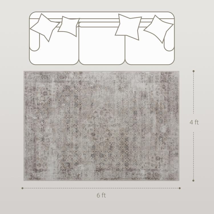 Rectangular distressed area rug with size layout and straight edges