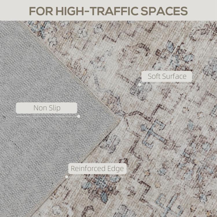 Close-up of gray and beige distressed area rug corner with non-slip look
