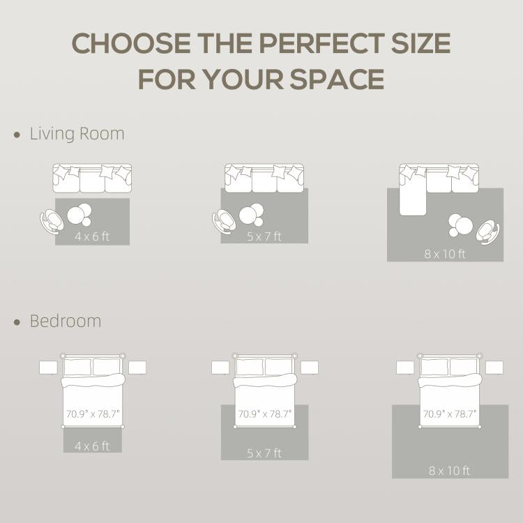 Illustrated size guide for rectangular distressed area rugs with room icons