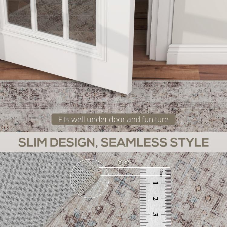 Distressed area rug edge with slim profile and detailed texture close-up