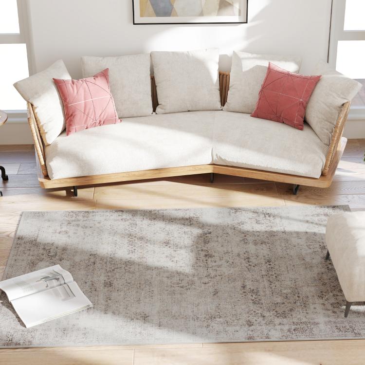 Gray and brown distressed area rug under a light sofa seating set