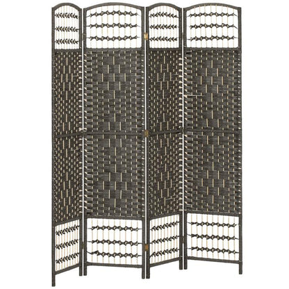 Dark gray woven 4-panel folding room divider, arched lattice panels with trim