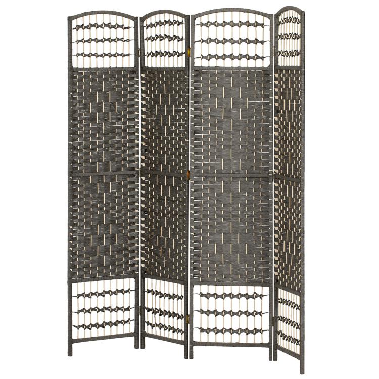 Dark gray woven 4-panel folding room divider with arched top panels and cord trim