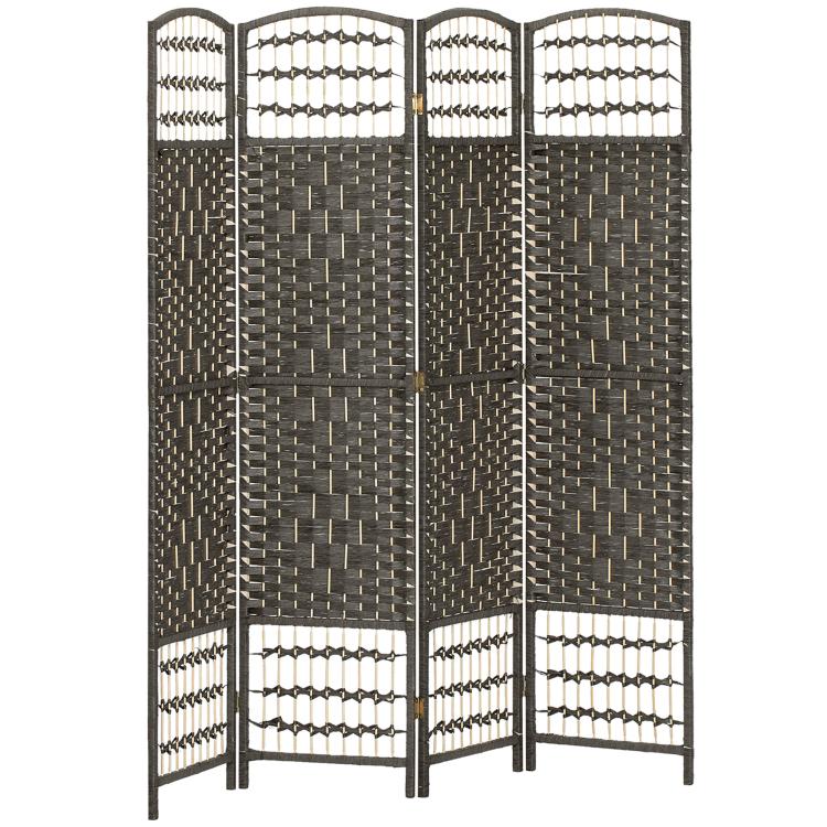 Dark gray 4-panel folding screen with lattice weave and white beaded borders