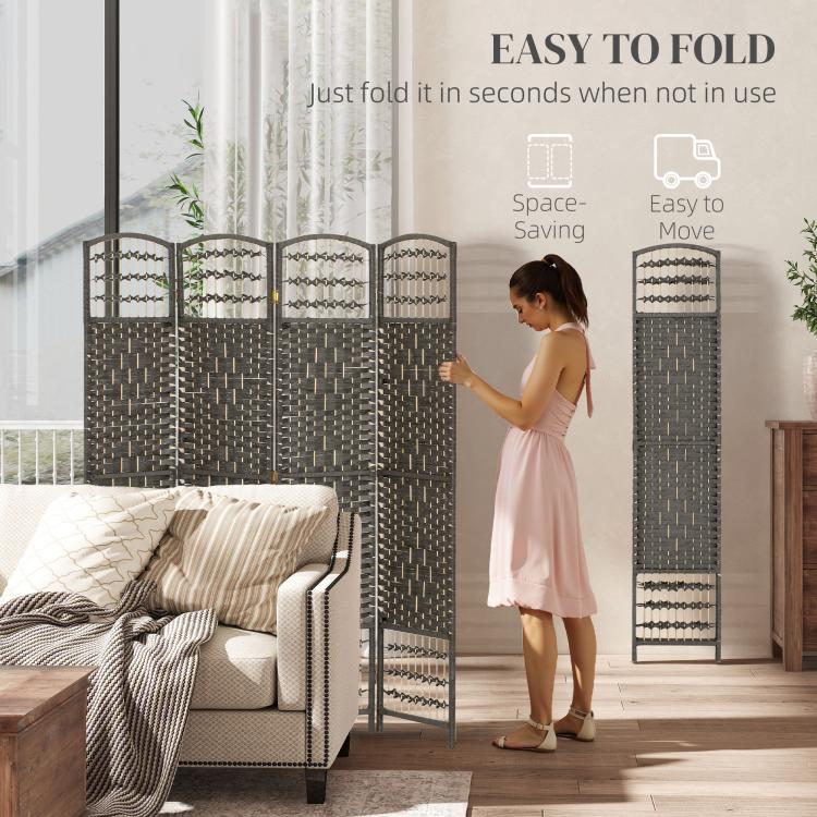 Dark gray woven 4-panel room divider screen, arched panels and rope-trim edging