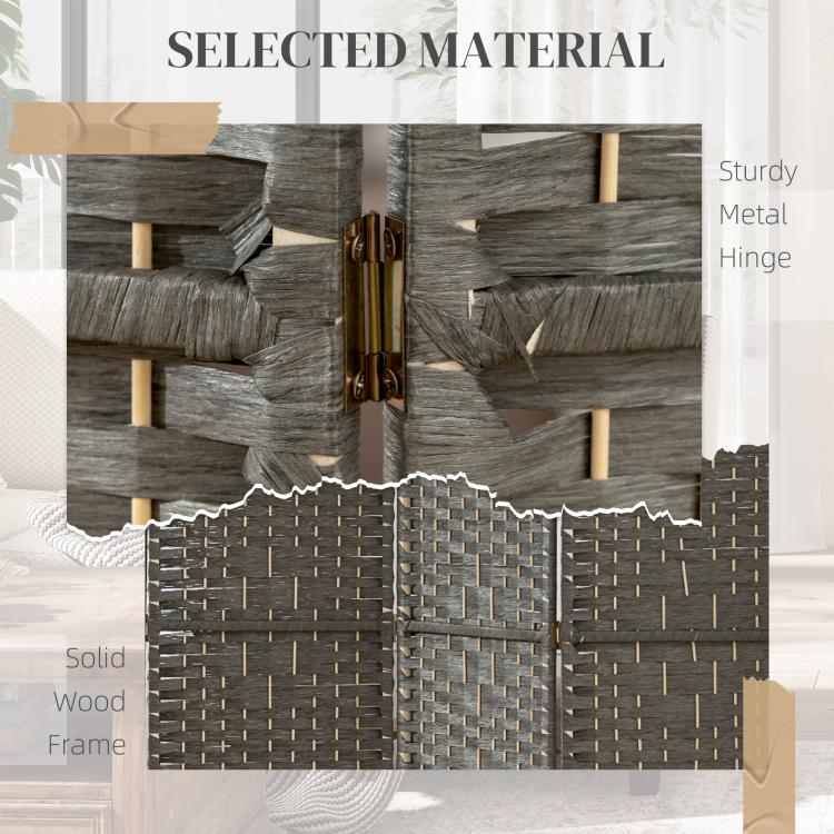 Dark gray woven 4-panel folding room divider with close-up lattice pattern