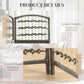 Woven 4-panel room divider with dark gray lattice, arched top and raised metal base