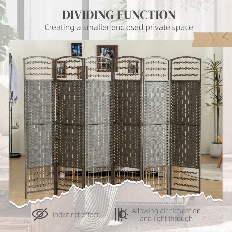 Woven 4-panel room divider screen in dark gray with arched top and rope-trim bars