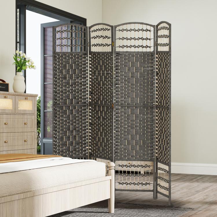 Dark gray woven 4-panel folding room divider with arched lattice panels and rope trim