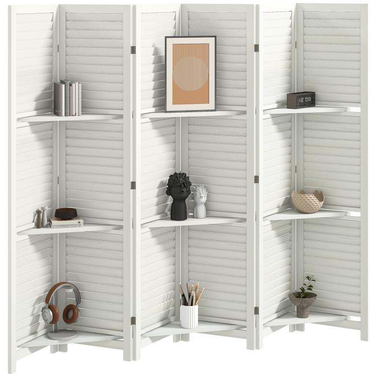 White 6-panel room divider privacy screen with three open shelves and folding storage