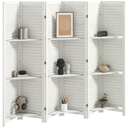 White 6-panel room divider privacy screen with three open shelves and folding storage