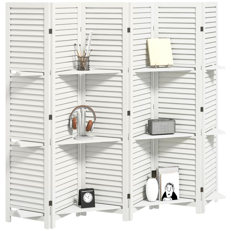 White folding room divider privacy screen with open shelves on both sides, 6 panels