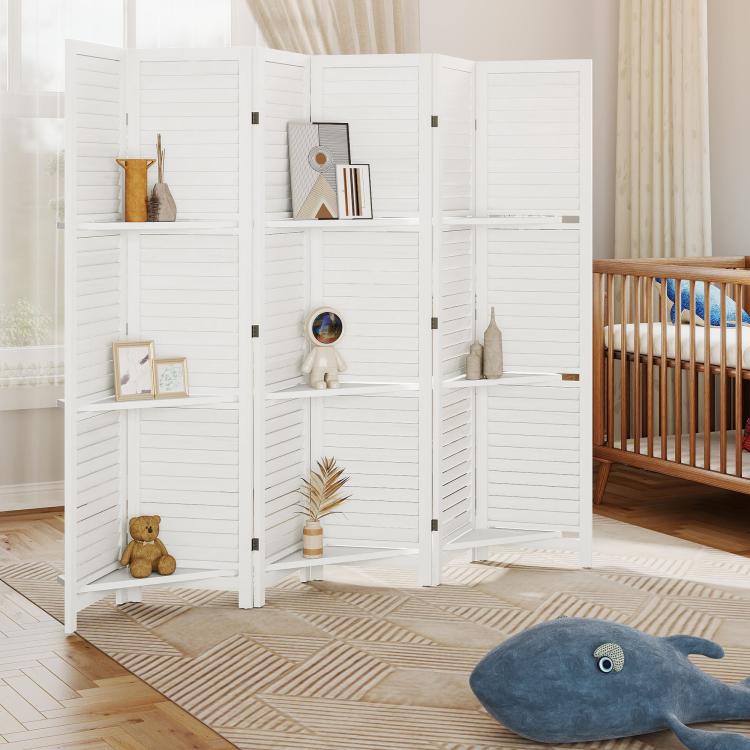White 6-panel folding room divider with 3 open shelves and louvered panels